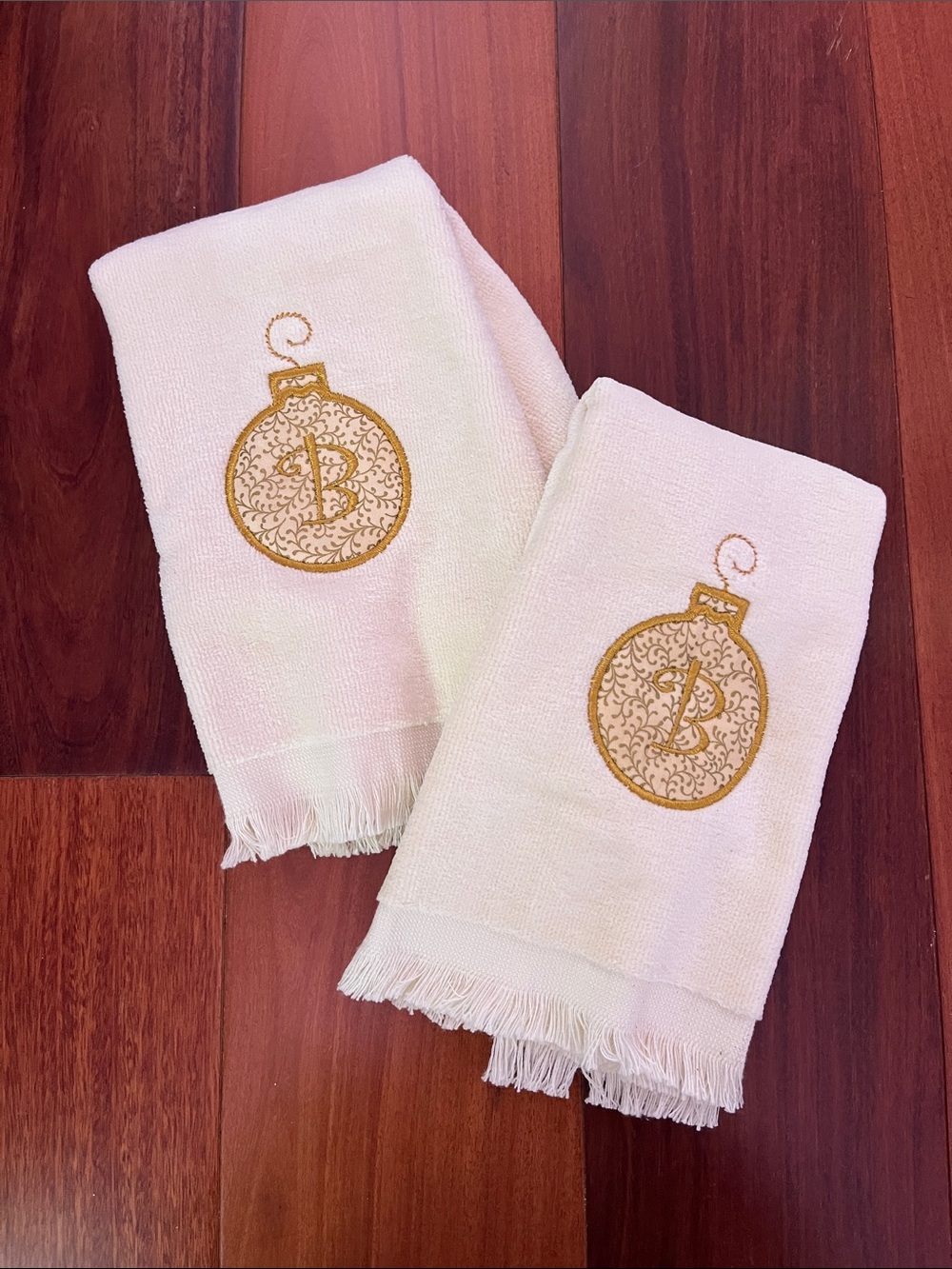 Handmade Embroidered Monogram Christmas Ornament Guest Towels Set of 2
